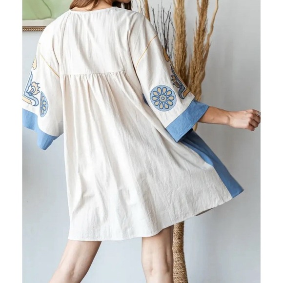 Veveret Linen Blend Babydoll Embroidered Boho Floral Patchwork Tunic Dress L - Picture 9 of 9